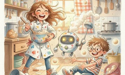 Bianca, 8 anni, sorridente e meravigliata, capelli castani lunghi leggermente spettinati e occhi grandi, indossa una camicia da laboratorio macchiata di farina e pittura, tiene una grande ciotola di impasto e agita un cucchiaio di legno ridendo; Nino, 8 anni, entusiasta e birichino con occhiali tondi e capelli corti scompigliati, in maglietta a righe scivola sul pavimento bagnato cercando di afferrare una spruzzata d'acqua; al centro Polpetto, un robot coccolone piccolo e rotondo con carrozzeria bianca macchiata di colori e occhi-lampada gialli che scintillano, spara nuvole di farina e regge un mestolo gigante; ambientazione in un garage-laboratorio trasformato in cucina con scaffali di legno, utensili appesi, tenda a quadretti alla finestra, pavimento parzialmente allagato e polveri di farina nella luce dorata del pomeriggio mentre i tre creano polpette magiche brillanti in un disordine gioioso e colorato in stile acquerello delicato e luminoso.