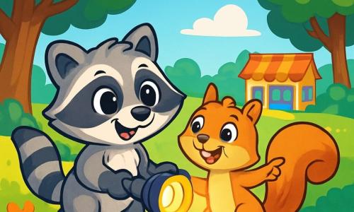 A little raccoon named Rascal, with soft striped fur and bright curious eyes, holds a sparkling flashlight in his paws, showing an expression of excitement and determination. Beside him, a mischievous squirrel named Pip, with light brown fur and a bushy tail, joyfully smiles while pointing towards a colorful store in the distance, his eyes sparkling with enthusiasm. The setting is a lush green meadow dotted with vibrant flowers and tall majestic trees, under a blue sky with fluffy white clouds. In the center of the image, Rascal and Pip stand on a sunny hill, ready to head down to the store, surrounded by the scent of flowers and the song of birds. The main scene depicts Rascal and Pip on an adventure, eager to explore Big Meadow, filled with curiosity and energy, with the flashlight illuminating their path.