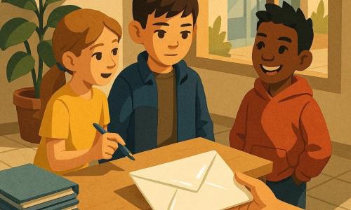 There are three children: Milo, a boy about 11 with short brown hair, wearing a navy jacket and holding a small worn notebook in his right hand, standing center near the counter and looking intently at the envelope; Lina, a girl about 11 with long light-brown hair in a ponytail, wearing a yellow shirt, holding a pen and pointing at the envelope as if explaining, positioned left of Milo and leaning slightly toward him; Jax, a boy about 11 with short black hair, wearing a red hoodie, hands in pockets but with an excited posture, right of Milo and watching with a broad smirk. Location: small lit school office with beige tiled floor, light wood counter with stacks of blue folders, a potted plant by a large window showing the courtyard and a blurred glass elevator, and colorful posters on the walls; soft late-afternoon light casts sharp, paper-cut shadows. Main situation: the coach gently extends a large sealed white envelope across the counter toward Mrs. Dalloway (off-screen, suggested by a welcoming hand); the three children look relieved; the coach’s expression shows relief and an apologetic smile; composition centered on the shiny white envelope with slight reflections and the three children forming a triangle around the focal point.