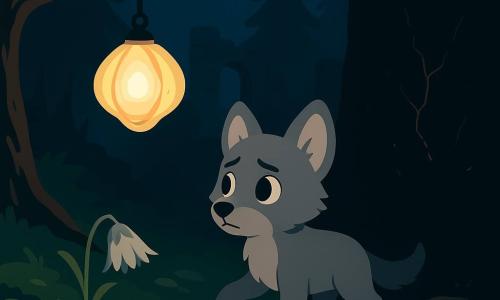 A small mouse-gray wolf cub with soft fur and large round ears hesitantly reaches toward a floating pearlescent lantern hanging from a twisted branch, its expression determined but slightly worried; behind it, a delicate silver flower called the Moon-Bell with paper-thin, slightly withered petals stands hunched by a stump, and at the edge of the woods a dense, darker shadowy mass textured with thin luminous cracks suggests unsettling depth; the nighttime pine-surrounded clearing, mossy stones, a charred stump and lichen-covered ruins frame the moment the cub discovers the lantern and decides to explore the dark border to restore the Moon-Bell’s sound, a mysterious yet gentle scene of warm light against cold shadow.