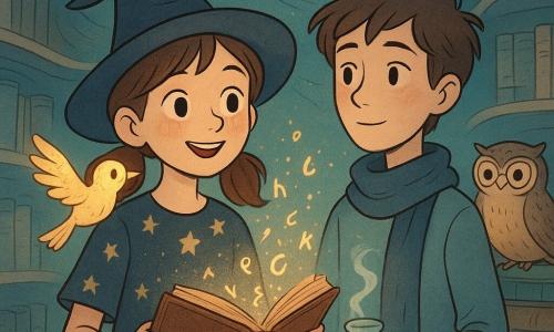 Mira, an about 11-year-old girl witch, smiles in wonder with bright eyes and rosy cheeks, holding a small ancient open book from which glowing letter-fireflies rise; she wears a short star-patterned dress, a slightly crooked pointed hat, and has brown pigtails. Rowan, about 12, with a slim face and dreamy look, stands beside her holding a small smoking jar at his left, a moon-colored scarf flowing behind him. A luminous paper bird with golden paper feathers and a warm halo perches on Mira’s right shoulder. A bespectacled owl watches from a nearby shelf atop a pile of dictionaries, head tilted and kindly learned. The setting is a sea-themed bedroom-library with wave-like walls, pale curved wooden shelves, puddles of glowing letters on the floor and turquoise-blue ribbons of light in the air. Soft warm light from the book contrasts with the cool ribbons, with specks of golden dust suspended; rounded silhouettes, visible paper and wood textures, pastel palette with gold and turquoise accents. The scene captures the moment the book opens and the letter-fireflies rise as Mira and Rowan work together to awaken the living library.