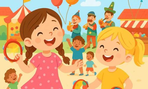 There are two main characters: - Lily: a 6-year-old girl with long brown hair in braids, wearing a pink dress with white polka dots. She is joyfully dancing while holding a sparkling tambourine in her right hand. - Mia: a 5-year-old girl with a blonde ponytail, dressed in a blue skirt and a yellow t-shirt. She is laughing and shaking her colorful tambourine, standing next to Lily. The main setting is a lively village square decorated with colorful garlands and floating balloons. Brightly colored candy stands surround the scene, while a group of musicians in funny costumes plays lively music. Children are dancing and laughing around them, creating a festive and joyful atmosphere. The main situation shows Lily and Mia, their eyes sparkling with happiness, playing their tambourines in the crowd. They are surrounded by laughter and music, while people dance and clap, creating a magical and playful ambiance.