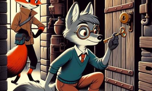 In the center of the image, a young wolf named Finn, with gray fur and sparkling curious eyes, crouches in front of an old storage door in a dark basement. His expression is determined, with an excited smile on his face as he holds a brass key in his paw. To his right, Lila, a small fox with bright red fur and mischievous eyes, watches attentively, ears perked up, ready to assist him. She looks enthusiastic, with her paws crossed, eager to discover what lies behind the door. Max, a badger with black and white fur, stands slightly back, adjusting his glasses with a focused expression. He holds a notebook and a pencil, ready to jot down every detail of their investigation. The setting is an old basement with stone walls, cobwebs in the corners, and dusty shelves filled with old objects. A faint light filters through a small window, creating a mysterious atmosphere. The main scene shows Finn inserting the key into the lock, ready to open the door and reveal the hidden secrets inside, while his friends encourage him, all eager to uncover the adventure that awaits.