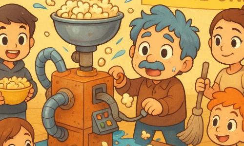 Milo is an inventive man with a round face, thin mustache and tousled bluish-gray hair, looking adorably panicked with bright eyes while pulling a wooden lever on a chaotic Snack Sharer 3000; Ms. Ramires, a 30–40-year-old woman with hair in a bun and an amused-exasperated expression, holds a mop near an overturned table; a hooded boy (~12) with an enthusiastic smile holds a bowl for popcorn to the left of the machine; a girl (~11) with a braid and mischievous eyes reaches to help from just behind Milo; a redheaded freckled boy (~10) kneels by the machine base with a roll of tape; Sir Pickles, a gray tabby cat with green eyes, sits on a table looking surprised and dusted with popcorn; the community center multipurpose room has shiny wooden floors, colorful paper garlands, folding tables with snack bowls and a “BRING ONE, SHARE ONE” poster; the cartoonish metal-and-cardboard machine with pipe flanges, a big top bucket and toy keypad spews cascading popcorn and blue juice splashes while kids laugh, exaggerated motion lines emphasize joyful chaos; bright warm palette (warm yellows, light blues, reds, pastels), soft warm lighting, light shadows, paper/cardboard/aged-metal textures, cute chibi style with thick lines, rounded proportions and exaggerated expressions, composition centered on the machine and Milo, high energy and visual humor.