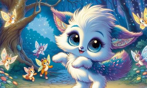 In a magical forest, Twinkle, a small fluffy creature in blue and purple, with big sparkling eyes and a feathered tail, dances joyfully under a starry sky, her face lit by a hopeful smile despite a hint of sadness in her eyes. Nearby, a group of cheerful colorful butterflies with shimmering wings flutters around her, expressing support and comfort as a gentle breeze caresses their wings. The enchanting setting features a majestic oak tree with gnarled branches and golden leaves at its center, surrounded by vibrant flowers forming a garden of memories, illuminated by the light of twinkling stars in the night sky. The main scene shows Twinkle dancing gracefully, celebrating the memory of her friend Grandfather Oak while sharing joyful stories with her friends, creating an atmosphere of warmth and nostalgia where sadness intertwines with the joy of memories.