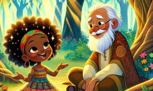 Nia, uma jovem com cabelos negros como a noite e olhos brilhantes como estrelas, está no centro do palco, com um sorriso radiante no rosto e os braços abertos, como se estivesse acolhendo o mundo. Ela usa um vestido colorido com padrões africanos, e sua expressão revela grande alegria e curiosidade insaciável. Ao seu lado, um velho sábio, um homem de cerca de 70 anos, com uma longa barba branca e rugas que contam histórias, está sentado sob uma grande árvore. Ele veste uma túnica tradicional e observa Nia com benevolência, um leve sorriso nos lábios, como se estivesse orgulhoso de seu aprendizado. O cenário é um magnífico bosque mágico, onde as árvores de troncos grossos e folhagens densas se entrelaçam, deixando passar raios de luz dourada. Flores coloridas e pássaros de penas vibrantes acrescentam um toque de magia ao ambiente. A cena principal mostra Nia ouvindo atentamente os ensinamentos do sábio sobre a magia da comunidade, cercada por uma atmosfera de paz e sabedoria, enquanto os raios de sol filtram através das folhas, criando um encantador jogo de sombras e luzes.