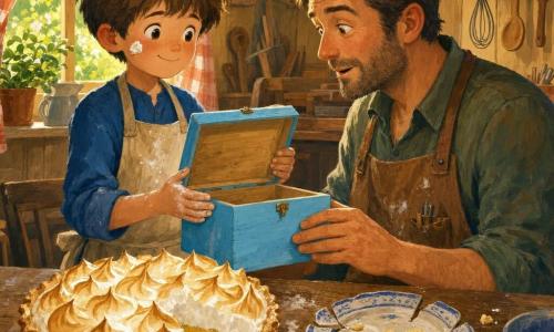 A 10-year-old boy with a round face, messy brown hair, bright eyes and a shy proud smile holds a small sky-blue painted wooden box labeled 