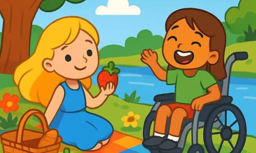 There are two main characters: - Lily: an 8-year-old girl with long golden hair, wearing a pretty blue dress that dances in the wind. She is sitting on a colorful blanket, holding a juicy strawberry in her hand. - Mia: a 7-year-old girl with a big smile, wearing a bright green t-shirt and shorts. She is in her wheelchair next to Lily, laughing and watching the ducks passing by. The setting takes place by a sparkling river, surrounded by vibrant flowers of all colors. Majestic trees provide shade, and the sky is a bright blue, dotted with fluffy white clouds. Ducks swim happily in the clear water, while a large tree offers a shaded spot for their picnic. The main scene shows Lily and Mia enjoying a sunny picnic, surrounded by delicious fruits and laughter, with curious ducks approaching them. Sunlight illuminates their joyful faces, creating a warm and friendly atmosphere.