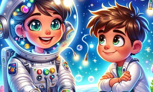 O femeie astronaută pe nume Ana, cu un zâmbet radiant și ochi strălucitori de excitație, plutește în spațiu, purtând un costum spațial alb și strălucitor, împodobit cu numeroase unelte în buzunare. Lângă ea, un băiat de 8 ani, pe nume Andrei, cu părul brun în dezordine și o privire uimită, o observă atent pe Ana, cu brațele încrucișate, plutind ușor în propriul său costum spațial mic. Fundalul este un cer înstelat, cu planete colorate și o Pământ albastră și verde în spate, iluminată de lumina soarelui. Situația principală o arată pe Ana explicându-i lui Andrei cum a reparat sistemul de oxigen al navei lor spațiale, înconjurată de bule de aer flotante și unelte strălucitoare care dansează în jurul lor în imponderabilitate.