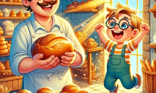 A smiling man, Mr. Baker, stands in a cozy bakery with messy brown hair and a white apron. He has sparkling eyes and rosy cheeks as he proudly shows off golden rolls fresh from the oven. Next to him, a 7-year-old boy, Charlie, with blonde hair and round glasses, jumps for joy, holding a roll in his hands and beaming. The bakery is filled with bags of flour, jars of sugar, and delicious pastries displayed on wooden shelves. The atmosphere is cheerful and welcoming, with sunlight streaming through the window, illuminating the decor. In this scene, Mr. Baker and Charlie celebrate their first batch of rolls together, surrounded by the enticing smell of fresh bread.