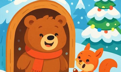A round, fluffy brown bear with a big joyful smile stands in front of its wooden den, surrounded by sparkling snowflakes. It wears a red scarf that contrasts with its soft fur. Next to it, a small squirrel with sparkling eyes and red fur, hopping with excitement, holds a shiny Christmas ornament in its paws. In the background, an enchanting winter landscape stretches out, with majestic snow-covered fir trees, twinkling stars in a light blue sky, and colorful lights decorating the branches. The bear and the squirrel are getting ready to celebrate Christmas, surrounded by magic and joy, eager to discover the surprises of this wonderful day.