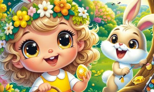 A 4-year-old girl named Lily, with big sparkling eyes and curly blonde hair, wears a bright yellow dress and felt bunny ears. She is full of joy and excitement, holding a small wicker basket filled with colorful eggs while gazing in wonder at a shiny golden egg under a large tree. Next to her is Benny, the Easter Bunny, an adorable white rabbit with fluffy fur and mischievous eyes. He smiles widely, holding a paint palette and brush, ready to paint eggs. The setting is a sunny garden filled with colorful flowers, blooming trees, and sunlight filtering through the leaves. Small birds sing in the branches, adding a touch of magic to the atmosphere. The main scene shows Lily discovering the golden egg shining under the tree, while Benny encourages her with a warm smile, creating a joyful and magical Easter moment.
