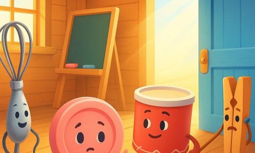 The main character is Button, a small round pale-pink plastic button with four black holes, a shiny texture and soft highlights, shy but determined, rolling slightly forward and reaching a tiny imaginary hand toward a doorbell rope. Secondary Whisk is a shiny silver kitchen whisk with bright strands and a playful expression, gently pulling the bell rope near the window, positioned left of Button. Secondary Drum is a red metal drum with white stitching, proud yet gentle, making a small boop with its drumstick behind Button to the right. Secondary Peg is a light-brown wooden clothespin, tense but caring, holding the window ajar just behind Whisk. The blue door is a large sky-blue painted wooden door with polished brass handles and small paint cracks, blown wide open by a gust of air in the background center. The setting is the interior of a warm barn with textured wooden planks, a wide oak table, a slanted chalkboard with colored chalk, golden light beams and floating dust. The scene captures the moment the bell rings as invisible wind enters through the window and pushes the blue door open, creating an atmosphere of joy and surprise with bright colors, soft contrasts and rounded shadows emphasizing movement.