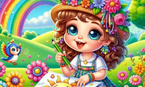 Una niña de 3 años, Clara, con ojos brillantes y cabello rizado, lleva una gorra colorida. Está sentada en la hierba verde, sonriendo y sosteniendo crayones en sus manos. Clara dibuja un sol con alas, rodeada de flores que parecen bailar. A su lado, un pequeño pájaro azul vuela alegremente, observándola con curiosidad. El escenario es una colina verde en un parque, bajo un cielo azul brillante, con un gran arcoíris en el horizonte. Clara, llena de entusiasmo, dibuja su mejor obra, con colores vivos y elementos fantásticos, ilustrando el tema de los desafíos imposibles convertidos en aventuras alegres.
