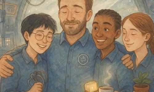 Joris (±38) kalm, bebaard en opgelucht in een blauwgrijs uniform met badge 