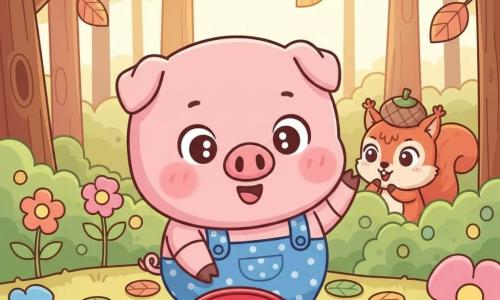 Un pequeño cerdito rosa, redondo y sonriente, con mejillas sonrosadas y una pata alzada hacia un botón rojo con un dibujo de nube y la palabra PLOP, viste una peto azul de lunares blancos; detrás, una ardilla roja con mirada traviesa y un sombrero de bellota observa desde un arbusto; todo en un bosque de árboles abultados, flores pastel y caminos de musgo, con colores suaves y contornos gruesos que transmiten alegría y sorpresa.