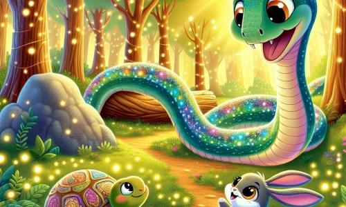 Un serpiente colorido llamado Sisel, con escamas brillantes como un arcoíris, se desliza entusiasmado a través de un claro encantado, sus grandes ojos curiosos brillando de emoción. A su lado, un alegre conejito llamado Brinco, con largas orejas y suave pelaje, salta felizmente, sus ojos brillando de curiosidad, mientras que una sabia tortuga llamada Tula, con un caparazón adornado con delicados patrones, avanza lenta pero seguramente, observando el camino con una sonrisa benevolente. El lugar es un claro bañado en luz dorada, rodeado de grandes árboles con hojas verdes brillantes, donde luciérnagas bailan en el aire, creando una atmósfera mágica y acogedora. La situación principal muestra a Sisel y sus amigos descubriendo una gran roca antigua, sobre la cual descansa un espejo brillante, simbolizando el tesoro que buscan, mientras una suave brisa hace danzar las hojas a su alrededor, añadiendo un toque de misterio a su aventura.