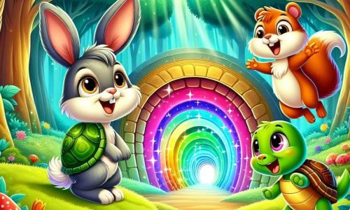 Ein kleiner Hase namens Felix mit großen grauen Ohren und neugierigen funkelnden Augen steht im Mittelpunkt des Bildes, fasziniert von einem magischen Tunnel, der in leuchtenden Farben strahlt. Neben ihm schaut eine fröhliche Schildkröte namens Tilly mit buntem Panzer und freundlichem Lächeln fasziniert auf den Tunnel. Ein schelmisches Eichhörnchen namens Max mit rotem Fell und buschigem Schwanz springt vor Aufregung mit erhobenen Armen und ist bereit für das Abenteuer. Der Ort ist ein wunderschöner, grüner Wald mit majestätischen Bäumen, leuchtenden Blumen und Sonnenstrahlen, die durch die Blätter filtern und den geheimnisvollen Tunnel erleuchten, der sie zu rufen scheint. Die Hauptsituation zeigt die drei Freunde, voller Begeisterung und Neugier, bereit, in den magischen Tunnel einzutreten, der sie zu außergewöhnlichen Abenteuern durch die Zeit führen wird.