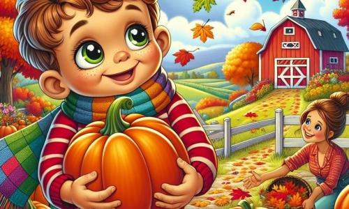 Un bambino di 2 anni, di nome Luca, con grandi occhi brillanti e capelli castani ricci, sorride felicemente tenendo una grossa zucca arancione tra le braccia. Indossa un maglione rosso a righe e pantaloni beige, circondato da foglie autunnali colorate che cadono attorno a lui. Accanto a lui, la mamma, una donna di circa 30 anni con lunghi capelli castani raccolti in uno chignon, sorride guardando il figlio. Indossa un leggero cappotto e una sciarpa colorata, mentre raccoglie foglie da mostrare a Luca. La scena si svolge in una bella fattoria in autunno, con alberi dalle foglie rosse, gialle e arancioni, un cielo azzurro chiaro e un grande cortile pieno di zucche e mele. Si vede un fienile rosso sullo sfondo e uccelli che volano nel cielo. Luca e la sua mamma stanno godendo una giornata di sole in fattoria, scegliendo una zucca per fare una lanterna, mentre foglie colorate danzano attorno a loro, creando un'atmosfera magica e gioiosa.