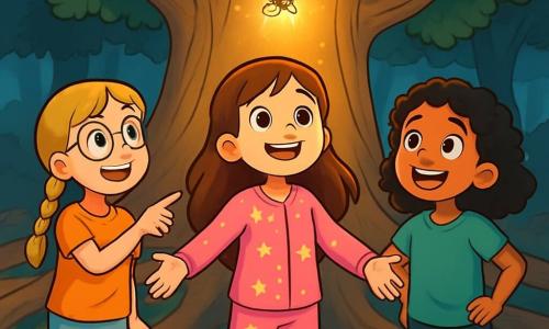 Er zijn 3 personages: - Lara: een 10-jarig meisje met lang bruin haar en sprankelende ogen. Ze draagt een roze pyjama met sterren en staat in het midden met open armen, alsof ze het avontuur verwelkomt. - Emma: een 9-jarig meisje met blonde vlechten en ronde brillen. Ze staat links van Lara en wijst naar de dansende lichtgevende vuurvlieg in de lucht. - Noor: een 10-jarig meisje met krullend zwart haar en een stralende glimlach. Ze staat rechts van Lara met haar handen op haar heupen en kijkt verwonderd naar de magische scène om hen heen. De locatie is aan de voet van een enorme majestueuze boom, waarvan de takken zich uitstrekken als beschermende armen. De grond is bedekt met gouden bladeren en kleurrijke bloemen, terwijl een zachte gouden gloed van de vuurvlieg boven hen straalt en de gezichten van de meisjes verlicht. Op de achtergrond kronkelen dikke wortels door de aarde en creëren ze een verwelkomende en mysterieuze ruimte. De belangrijkste situatie toont de drie vriendinnen die verwonderd zijn door de magie van de vuurvlieg die hen uitnodigt om haar lichtgevende pad te volgen, terwijl ze samen staan, klaar om de betoverende wereld die zich voor hen opent te verkennen.