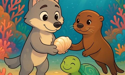 Lumo, a small anthropomorphic wolf with a gentle face, round bright eyes and light gray fur with cream patches, holds a nacreous shell delicately in his paws, floating slightly above the sand; Miri, a smooth brown sea otter with mischievous eyes and quivering whiskers, swims beside him holding his paw and has a small sparkling air bubble near her head; Pebble, a small sea turtle with a translucent green spiral-patterned shell and a relieved smile, floats before Lumo receiving the shell near a coral recess; they stand in a calm pocket of water amid a dense colorful coral garden—pink, orange and blue branches, soft anemones, swaying green sea grass and glowing stones forming a luminous path—striped light falls, fine bubbles rise and bioluminescent creatures shimmer around.