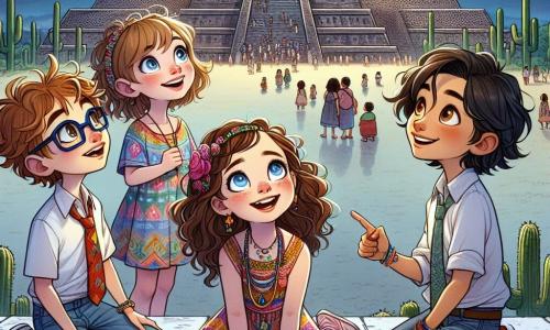 In primo piano, quattro bambini si trovano sulla maestosa Piramide del Sole a Teotihuacan. Sofia, una ragazza di 12 anni con capelli ricci castani e occhi brillanti, guarda il cielo con meraviglia, sorridendo. Alla sua sinistra, Luca, un ragazzo di 11 anni con occhiali e capelli biondi spettinati, indica l'eclissi lunare che inizia a formarsi. A destra, Giulia, una ragazza di 12 anni con capelli lunghi e lisci, indossa un vestito colorato e tiene un quaderno da disegno, pronta a catturare questo momento magico. Infine, Marco, un ragazzo di 11 anni con capelli neri e corti, è seduto sui gradini della piramide, con gli occhi fissi sul cielo, visibilmente affascinato. Sullo sfondo, la piramide si erge maestosamente, circondata da paesaggi desertici con cactus e piccoli fiori colorati. Il cielo è di un blu profondo, mentre la luna inizia a coprirsi di un'ombra misteriosa, creando un'atmosfera magica. I bambini, meravigliati, osservano l'eclissi lunare, un momento di scoperta e avventura che li unisce nella loro esplorazione delle antiche leggende e delle meraviglie del mondo.