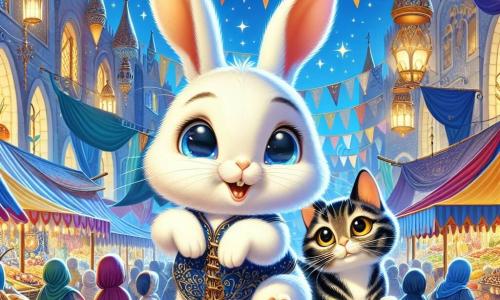 Un coniglietto bianco con grandi orecchie e occhi curiosi salta felice al centro dell'immagine, mentre accanto a lui un gatto elegante e misterioso con pelliccia tigrata e occhi dorati osserva con un'espressione maliziosa, tenendo una mappa antica tra le zampe, pronto a guidarlo nella sua avventura. Il contesto è un mercato medievale colorato, con frutti succosi e tessuti brillanti sotto un cielo blu, mentre bandiere sventolano nel vento e persone in costumi d'epoca si muovono attorno, creando un'atmosfera vivace. La scena principale mostra il coniglietto e il gatto che esplorano il mercato, affascinati dai colori e dai profumi, pronti a scoprire i tesori del passato.