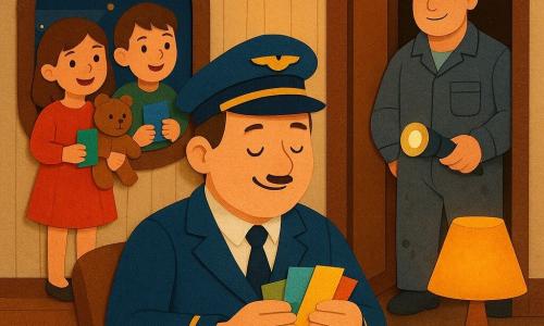 Uśmiechnięty, spokojny pilot o okrągłej twarzy i cienkich wąsach w niebieskiej kurtce, z czapką obok, trzyma kolorowe kartki i je czyta; stewardesa około 30 lat, kasztanowe włosy w koku, kremowy mundur stoi w drzwiach małego pomieszczenia i uśmiecha się do pilota; mechanik około 35 lat, krępa sylwetka, szara, oliwią poplamiona ogrodniczka, trzyma lampę przy wejściu do korytarza w tle; dwoje dzieci — 6‑letnia dziewczynka w czerwonej sukience z misiem i 7‑letni chłopiec w zielonym swetrze — przez małe okienko patrzą na drzwi i pokazują swoje kartki; miejsce: mały firmowy pokój dla pilotów ze ścianami z jasnego drewna, ciepła lampka na okrągłym stoliku, okrągłe okno na światła lotniska; scena: spokojny moment po lotie, pilot czyta pytania dzieci, ciepła atmosfera, miękkie światło, kompozycje w płaskich, kontrastowych warstwach jak w papierowym wycinance, żywe kolory, widoczne tekstury, ostre sylwetki i wycięte krawędzie.