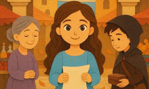 Princesa Lía (niña) en el centro, rostro luminoso y sonrisa dulce, ojos miel, vestido celeste de papel texturado con pequeñas bordaduras doradas, sostiene un delicado pergamino blanco y mira al lector con orgullo y gratitud; a la izquierda Doña Brina (mujer de ~60 años) con moño gris, vestido lavanda y manos juntas, sonriendo junto a un puesto de perfumes coloridos; a la derecha un mensajero (niño de ~12 años) con capa marrón y bolsa al hombro se inclina ligeramente sosteniendo una pequeña caja cerrada, detrás de la princesa en señal de respeto; mercado bajo arcos de piedra ocre con columnas esculpidas, faroles colgantes, puestos con manzanas rojas, telas brillantes y ramos de naranjos, suelo empedrado beige con motivos geométricos; brisa indicada por cintas de papel que levantan una esquina del pergamino y hojas naranjas en movimiento; ambiente de tarde con luz suave, sombras largas, colores cálidos (ocre, celeste, lavanda, rojo manzana) y texturas de papel rasgado visibles; composición centrada, estilo papel recortado con contornos nítidos, capas visibles, formas simples y contrastes marcados, expresión clara y accesible para niños de 6 años.
