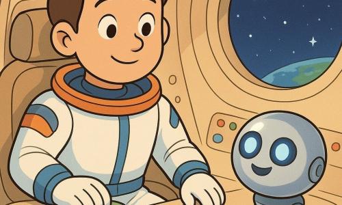 Ein junger lächelnder Mann mit kurzen braunen Haaren und ausdrucksvollen runden Augen in weiß-blauem Raumanzug mit orangen Details sitzt in einem kleinen runden Cockpit und drückt auf einen großen grünen Knopf, mit ruhigem, staunendem Gesichtsausdruck; ein kleiner kugelförmiger Roboter namens Pip, ballongroß, metallisch glänzend mit blauen LED-Augen, rollt blinkend freudig rechts neben dem Sitz; das warme, kompakte Raumschiffinnere hat cremefarbene Wände, ein breites rundes Bullauge zeigt den Weltraum mit funkelnden Sternen und der blauen Erde, bunte Knöpfe und Leuchten sowie eine befestigte kleine Flagge und Wasserflasche; die Szene zeigt einen ruhigen, sicheren Start ins sternenübersäte All in pastellfarbenen Tönen, klare Linien und abgerundete Konturen.