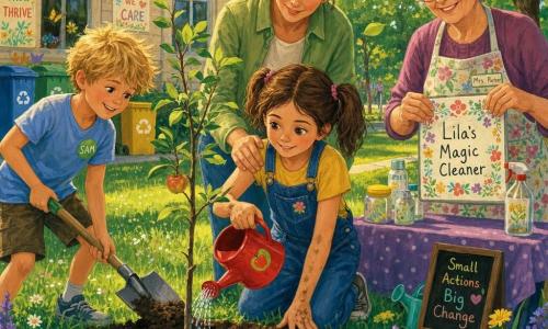 An 8-year-old girl with brown pigtails, bright brown eyes, a determined smile and slightly dirty hands kneels pouring water from a small red watering can onto a young apple tree, while her mother (about 35, chestnut hair in a bun, light green jacket) stands behind with a hand on her shoulder, a proud gentle expression; to the left a boy named Sam (about 8, messy blond hair, green badge) holds a small trowel helping fill soil; to the right Mrs. Parker (about 60, curly gray hair, floral apron) smiles and shows a label reading Lila’s Magic Cleaner near a table; the scene is a simple joyful sapling-planting ceremony in a sunny park behind a community center with a green lawn dotted with wildflowers, a dark planting hole, old center windows and colorful recycling bins in the background, fresh brown soil, a shiny watering can, leaves rustling in a golden early-afternoon light, rendered in a childlike acrylic painting style with bright colors, soft strokes and visible brush textures conveying a warm, serene atmosphere.