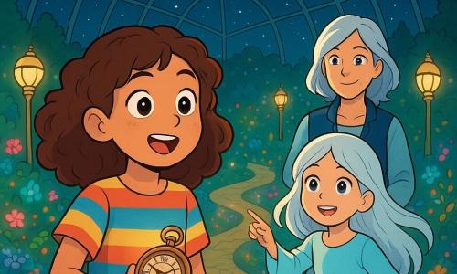 A 10-year-old girl named Maya stands at the center of the image, with curly brown hair and sparkling curious eyes. She wears a colorful striped shirt and denim shorts, displaying a delighted expression as she discovers a mysterious bronze stopwatch in her hand. Next to her, Luan, a 9-year-old girl with silver hair and bright eyes, smiles while showing her the way to the dome, her flowing, bright clothes contrasting with the surroundings. In the background, Keeper Lian, a middle-aged woman with silver hair and a blue vest, watches kindly, holding an ancient book in her hands. The setting is a shimmering glass dome filled with lush gardens of luminous flowers, with winding paths lit by golden lamps. The sky above is black and starry, creating a magical and timeless atmosphere. The main scene shows Maya, amazed, discovering the glowing stopwatch in her hand, while Luan encourages her to enter the dome, where time and space seem to blend in a dance of colors and light.