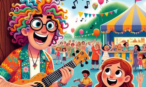 A man named Oliver, with curly, colorful hair, wears a vibrant patterned shirt and a wide smile, expressing contagious joy as he plays his ukulele under a large oak tree. Beside him, a twelve-year-old girl, Lily, with brown hair and round glasses, sits on a bench, her eyes sparkling with excitement as she enthusiastically sings, keeping the beat with her hands. The scene takes place in a lively square in the city of Harmonyville, decorated with colorful garlands and filled with families and children laughing and dancing around them, with food stalls and balloons floating in the blue sky. The main focus shows Oliver and Lily playing together, captivating a joyful audience while musical notes float around them, creating a magical atmosphere of sharing and happiness.