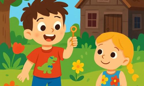 Um menino de 4 anos, Miguel, com cabelos castanhos bagunçados e olhos brilhantes de curiosidade, está em um jardim verdejante. Ele usa uma camiseta vermelha com um desenho de dinossauro e um short azul, segurando uma pequena chave dourada na mão, seu rosto radiante de excitação e admiração. Perto dele, sua melhor amiga, Sofia, uma menina de 4 anos com cabelos loiros trançados e um vestido de flores coloridas, observa Miguel com um sorriso encorajador, pronta para ajudá-lo em sua investigação. O local é um jardim ensolarado, cheio de flores coloridas e árvores frondosas, com uma velha casa de madeira, de aspecto misterioso, ao fundo, com janelas empoeiradas e uma porta de madeira desgastada. A situação principal mostra Miguel, intrigado, se aproximando da casa, segurando a chave dourada, enquanto Sofia o incentiva a descobrir o segredo escondido atrás da porta.