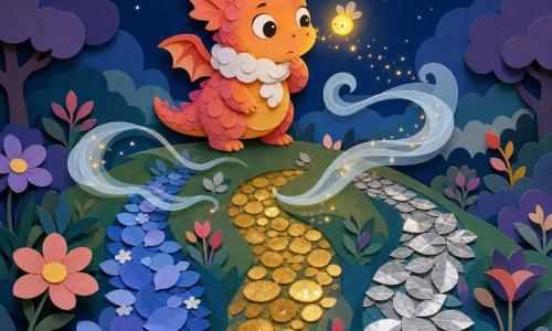 Um pequeno dragão chamado Lume, redondo e fofinho, escamas cor de pôr do sol rosa‑laranja, olhos grandes e curiosos, sorriso meigo, soprando pequenas faíscas brilhantes como vagalumes; ele usa um cachecol de nuvem e olha, franzindo ligeiramente a testa, para três trilhas: uma de pétalas azuis, outra de pedrinhas douradas reluzentes e uma de folhas prateadas cintilantes. Um laço de vento translúcido e esbranquiçado ondula sobre o solo indicando os caminhos, e uma vaga‑lume amarela voa perto do seu focinho emitindo um brilho quente. O cenário é um jardim noturno chamado Jardim das Três Maravilhas, com céu azul‑escuro estrelado; Lume está no topo de uma colina suave, hesitante e curioso, prestes a escolher seu caminho em uma atmosfera doce e mágica.