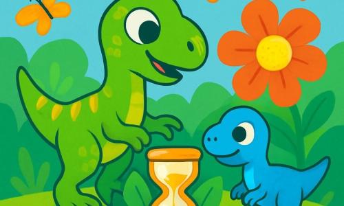 Um pequeno velociraptor chamado Tico, com escamas verdes brilhantes e olhos cheios de curiosidade, está em pé sobre suas patas traseiras, olhando para uma ampulheta dourada escondida entre as folhas. Ao seu lado, Dino, um dinossauro minúsculo e corajoso, com escamas azuis e um sorriso determinado, examina a ampulheta com atenção. Eles estão em um jardim pré-histórico vibrante, cheio de flores gigantes em cores vivas e borboletas cintilantes que voam ao redor deles. A cena principal mostra Tico e Dino, intrigados e animados, prontos para desvendar o mistério da ampulheta dourada que pode levá-los a uma nova aventura.