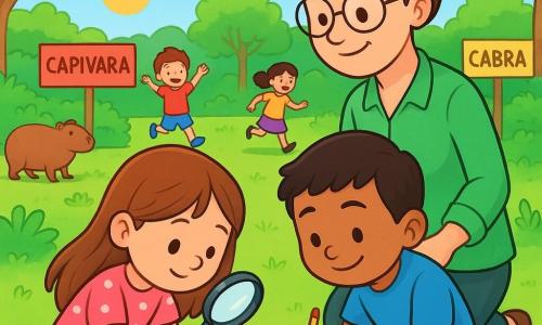 Há 3 personagens: - Ana: uma menina de 6 anos com cabelos longos e castanhos, vestindo um vestido rosa com bolinhas brancas, segurando uma lupa e olhando atentamente para o chão. - Miguel: um menino de 6 anos com cabelos curtos e pretos, vestindo uma camiseta azul e um short bege, agachado desenhando em um caderno com um lápis. - Sra. Lúcia: uma mulher adulta, a professora, com cabelos castanhos presos em um coque, usando óculos e um jaleco verde, sorrindo enquanto observa as crianças. O local é um zoológico pedagógico ensolarado, cheio de vegetação exuberante, com animais ao fundo, como capivaras e cabritos. Placas coloridas indicam os nomes dos animais, e crianças brincam alegremente ao redor. A situação principal mostra Ana e Miguel investigando, examinando pistas no chão, cercados por risadas de crianças e pela suave luz do sol, enquanto a Sra. Lúcia os observa com um sorriso gentil.