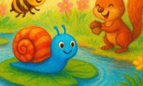 A small bright blue snail with a striped reddish shell, round face and big eyes looks determined and smiling as it sits on a large green lily pad gliding gently with a shiny trail; a yellow-and-black bumblebee with translucent wings buzzes above, smiling and clapping its tiny legs, while a grinning red squirrel with a bushy tail stands on the right bank, holding a hazelnut on its nose and cheering; the sunny garden scene has a round reflective puddle, green grass, pink and yellow flowers, a few lily pads and soft radial ripples, tiny splashes, warm light and thick pastel textures with soft outlines for a childlike, cozy feel showing the challenge of crossing the puddle without getting wet.