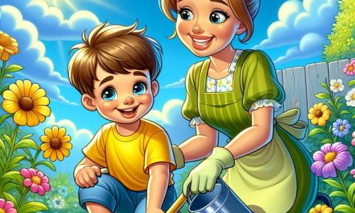 A 4-year-old boy named Sam, with messy brown hair and a big joyful smile, is crouched in a sunny garden holding a small shovel. He wears a bright yellow t-shirt and blue shorts, and his eyes sparkle with excitement as he plants flower seeds in the soil. Next to him, his mom, a woman in her 30s with brown hair in a bun, smiles tenderly while holding a watering can. She wears a green gardening apron and gloves, leaning slightly towards Sam to encourage him. The garden is lush with greenery, colorful flowers beginning to bloom, and trees with green leaves. The sky is bright blue with a few fluffy white clouds, and the sun shines, creating a warm and joyful atmosphere. The main scene shows Sam and his mom planting flower seeds together, filled with laughter and joy, symbolizing the start of spring and the magic of nature reborn.