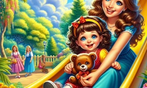 Una bambina di 6 anni, Sofia, con i capelli ricci e castani e gli occhi scintillanti, è seduta su un grande scivolo giallo, il suo viso radioso di gioia ed eccitazione. Tiene saldamente il suo orsacchiotto, Lino, un adorabile orso marrone con un fiocco rosso attorno al collo, che sembra anch'esso entusiasta. Accanto a lei, sua madre, una donna di circa trent'anni con capelli lunghi e castani, sorride calorosamente mentre tiene la mano di Sofia, pronta a incoraggiarla. Il parco è pieno di verde, con alberi dalle foglie brillanti e fiori colorati che danzano sotto la leggera brezza. Il cielo è di un blu intenso, punteggiato da alcune nuvole bianche e soffici. Sofia, un po' nervosa ma determinata, si prepara a scivolare sullo scivolo, mentre sua madre la incoraggia con un sorriso rassicurante. L'atmosfera è gioiosa e piena di colori vivaci, catturando il momento in cui Sofia supera la sua paura per divertirsi.