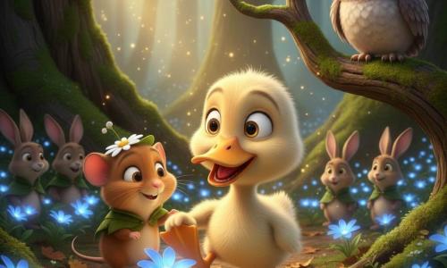 A small duck named Digby with fluffy cream and yellow-speckled feathers crouches with one foot on a glowing blue healing flower, eyes bright and beak slightly open in relief and wonder; a little dormouse named Lila with caramel fur and a daisy-petal hat stands just behind him to the left, smiling and holding his foot; a wise old moon-colored owl with folded wings and golden eyes watches from a high branch at the top right, while several leaf-caped bunnies form a semicircle in the background; the scene is a peaceful, warm moment in the heart of an ancient forest clearing with gnarled trunks, emerald moss, golden rays, and soft phosphorescent blue flowers and floating motes of light.