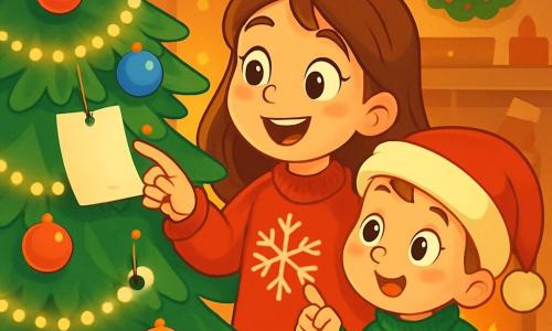 An 8-year-old girl with long brown hair and sparkling curious eyes stands in front of a large Christmas tree decorated with shimmering garlands and colorful baubles. She is wearing a red sweater with a snowflake pattern, and her face expresses radiant joy and slight surprise. Next to her is her little brother Max, 5 years old, with rosy cheeks and a Christmas hat on his head, looking at the tree with wide eyes while holding a small box of cookies. The scene takes place in a cozy living room, where the soft light of the garlands illuminates the walls adorned with festive decorations. A fire crackles in the fireplace, adding a snug ambiance. The main situation shows the girl discovering a mysterious message hanging from a branch of the tree, while her excited brother points at the note, exclaiming with joy. The two children are surrounded by a magical atmosphere, full of promises of Christmas adventures.