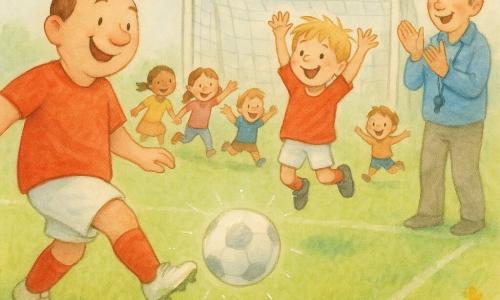 A round-faced man with a broad smile and short brown hair, wearing a bright red jersey and grass-stained white shoes, is making a precise right-footed pass as the shiny ball contacts his foot; an excited boy named Sam, about 8 with tousled blond hair, stands in front of the white metal goal with arms raised, striking the ball to score; a forty-year-old male coach at the sideline in a blue cap with a whistle claps and waves encouragingly; two girls and two boys (7–9) in the background applaud and run toward the players in colorful clothes; the scene is on a large vivid green field with visible white lines, a clean net, a clear blue sky and warm sun; main action: the pass and decisive shot captured mid-flight, joyful energy, fluid movement and camaraderie.