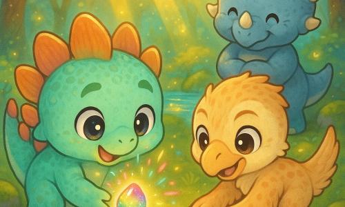 A small stegosaurus named Spike, cheerful and determined with rounded colorful plates and mint-green textured skin, gently plants a sparkling rainbow seed; a young mischievous velociraptor named Dash with beige feathers and orange spots kneels to cover it with soil, while a wise old bluish-gray triceratops named Sage watches and smiles in the background. The scene is the Shimmering Glade—emerald moss, golden sunbeams through iridescent trees, glowing fireflies, mossy stones and a sparkling stream—capturing the magical moment as the seed emits a soft halo and colored particles, with expressions of wonder, bright contrasting colors, a cute simple style and a warm, safe atmosphere.