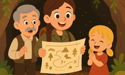 A young explorer named Ellie, excited and awed, smiles with bright eyes and braided brown hair, wearing a khaki jacket, leather boots and a backpack, holding a large unfolded map; to her left a surprised, pleased village man in his 60s with gray hair and a mustache looks at the map; in front of her near her feet a blond village girl of about 8 in a red dress claps; they stand at the entrance of a cave in a green hill with hanging vines and stone walls studded with tiny crystals, golden sunset light filtering through trees, ground covered in orange and light-brown leaves with a few colorful mushrooms; scene shows Ellie sharing a treasure map with villagers, warm friendly mood, composition centered on the map, simple silhouettes, bold shapes, vivid colors, soft contrasts, stylized trees and rolling hills.