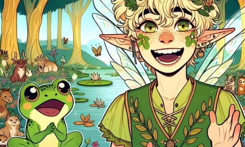 In het midden van de afbeelding vertelt Tinker, een jonge elf met gouden haren en grote puntige oren, een grap met een grote glimlach op zijn gezicht en sprankelende ogen van vreugde. Hij draagt een groene tuniek versierd met bladeren en kleine doorschijnende vleugels die schitteren in het licht. Rechts van hem applaudisseert Bubbles, een kleine groene kikker met ronde, glanzende ogen, enthousiast terwijl hij op een grote lelieblad zit. Hij heeft een blije en aanmoedigende uitstraling, klaar om zijn vriend te steunen. Op de achtergrond is een betoverde open plek in het bos van Lumina versierd met kleurrijke bloemen en dansende vuurvliegjes, terwijl majestueuze bomen met gouden stammen naar de lucht reiken. De scène toont Tinker op een klein improvisatiepodium, omringd door dieren en andere wezens uit het bos, allemaal lachend en reikhalzend uitkijkend naar zijn volgende grap, wat een feestelijke en vriendschappelijke sfeer creëert.