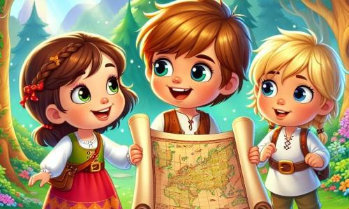 Um menino de 2 anos, Tomás, com cabelos castanhos bagunçados e grandes olhos brilhantes de curiosidade, segura um velho pergaminho com um mapa em suas pequenas mãos. Ele sorri com empolgação, com as bochechas rosadas e os dentinhos brancos à mostra. Ao seu lado, Lili, uma menina de 3 anos com cabelos loiros trançados e um vestido colorido, observa o menino com admiração, apontando para um grande mapa. Bento, um menino de 4 anos com óculos redondos e cabelos negros, está um pouco mais atrás, com os braços cruzados, exibindo uma expressão determinada enquanto observa o mapa. Eles estão à beira de uma floresta encantada, onde grandes árvores com troncos grossos e folhas verdes brilhantes se erguem em direção ao céu azul. Flores coloridas salpicam o chão, e raios de sol filtram-se através dos galhos, criando uma atmosfera mágica. A cena principal mostra Tomás, Lili e Bento prontos para a aventura, examinando o misterioso tesouro indicado no mapa, com expressões de alegria e empolgação em seus rostos.