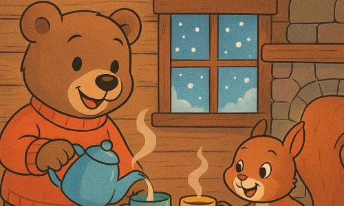 Um pequeno urso marrom chamado Bolota, com pelagem fofinha e um grande sorriso caloroso, está em sua cabana de madeira decorada com guirlandas luminosas. Ele derrama delicadamente uma bebida quente fumegante em xícaras coloridas. Ao seu lado, um esquilo chamado Pipoca, com uma cauda espessa e olhos brilhantes, estende uma pata para pegar uma xícara. A cabana é aconchegante, com um fogo crepitante na lareira e flocos de neve visíveis através da janela. A atmosfera é alegre e acolhedora, cheia de risos e calor festivo.