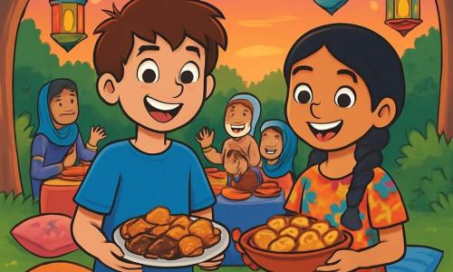 Um garoto de 12 anos, Rafael, com cabelos castanhos bagunçados e olhos brilhantes de curiosidade, está no centro da cena, com um sorriso maravilhado no rosto. Ele usa uma camiseta azul vibrante e um short bege, segurando um prato cheio de deliciosas especialidades do Ramadã. Ao seu lado, Yasmin, uma menina de 11 anos com cabelos longos e pretos, presos em uma trança, veste um vestido colorido com padrões florais. Ela sorri alegremente, segurando um prato tradicional nas mãos. A cena acontece em um jardim encantador, iluminado por lanternas coloridas penduradas nos galhos das árvores. Almofadas macias estão espalhadas na grama, criando uma atmosfera acolhedora e festiva. Rafael e Yasmin estão cercados por membros da família de Yasmin, todos reunidos em torno de uma grande mesa decorada, prontos para compartilhar a refeição do iftar, com pratos saborosos e frutas frescas. A atmosfera é calorosa e alegre, cheia de risos e conversas animadas, enquanto o sol se põe no horizonte, tingindo o céu com tons dourados e rosados.
