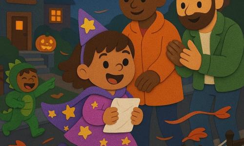 Uma menina de 4 anos, feliz e orgulhosa, olhos brilhantes e sorriso largo, cabelos castanhos curtos, com capa roxa de estrelas amarelas e um pequeno chapéu pontudo meio escorregando, segura firme um papel branco amassado contra o peito, em posição de corrida; ao lado, uma mulher de 30–35 anos, cabelos presos, casaco laranja e mão no ombro da menina, encorajando-a; um homem de 30–35 anos um pouco atrás, barba curta, jaqueta verde, aplaudindo e sorrindo; ao fundo um menino de ~6 anos fantasiado de dinossauro verde, apontando e rindo; rua de bairro à noite com calçada de paralelepípedos, janelas iluminadas em amarelo‑laranja, lanternas de abóbora nas varandas, folhas de outono laranja e vermelhas rodopiando, uma pequena cerca com teia de aranha falsa; a menina acabou de agarrar o papel que o vento levava — vento visível por fitas e folhas em movimento — momento de vitória terno e caloroso, composição centrada na menina, silhuetas simples, texturas em EVA, cores vivas e contrastantes, contornos nítidos e sombras suaves para um efeito infantil e pegajoso.